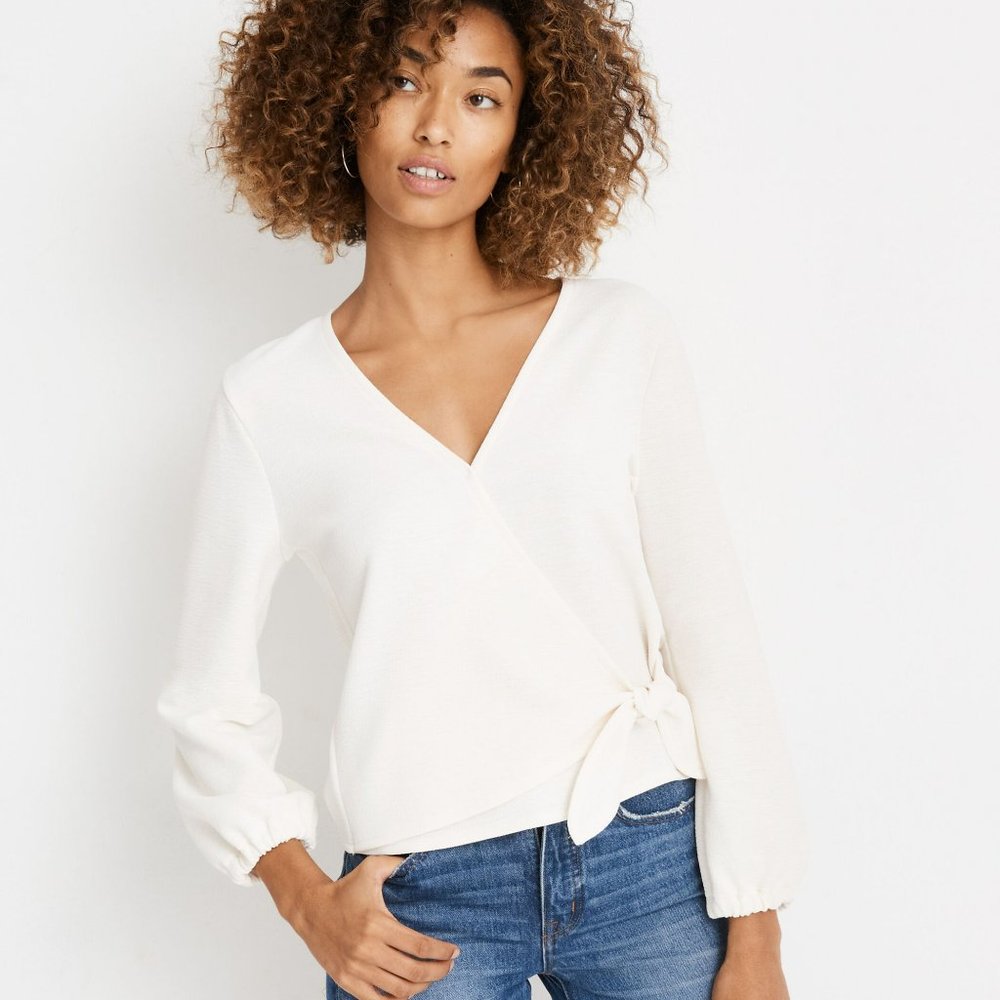 Madewell Texture & Thread Crepe Wrap Top Side Tie V-Neck Ivory Blouse Small